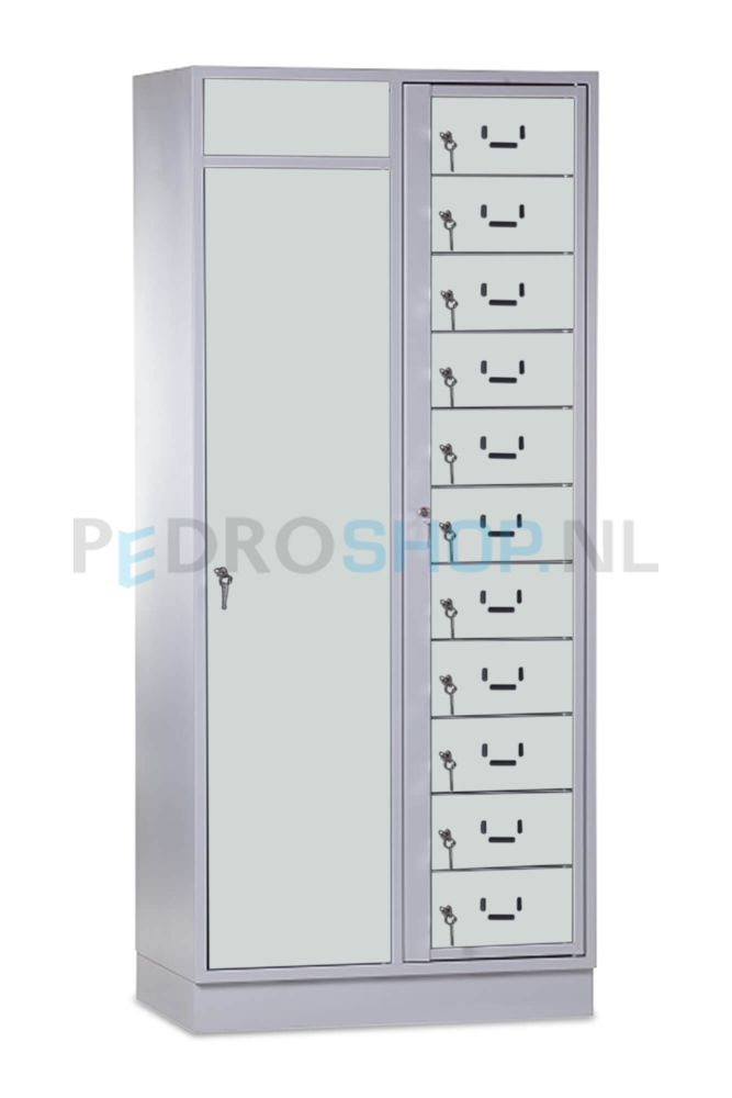SQ combinatie kledingdistributie- wasopvangkast, 11-deurs, lichtgrijs