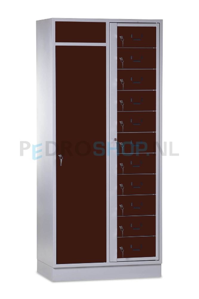 SQ combinatie kledingdistributie- en wasopvangkast, 11-deurs, bruin