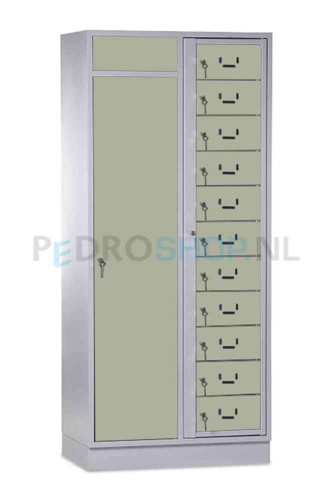 SQ combinatie kledingdistributie- wasopvangkast, 11-deurs, kiezelgrijs
