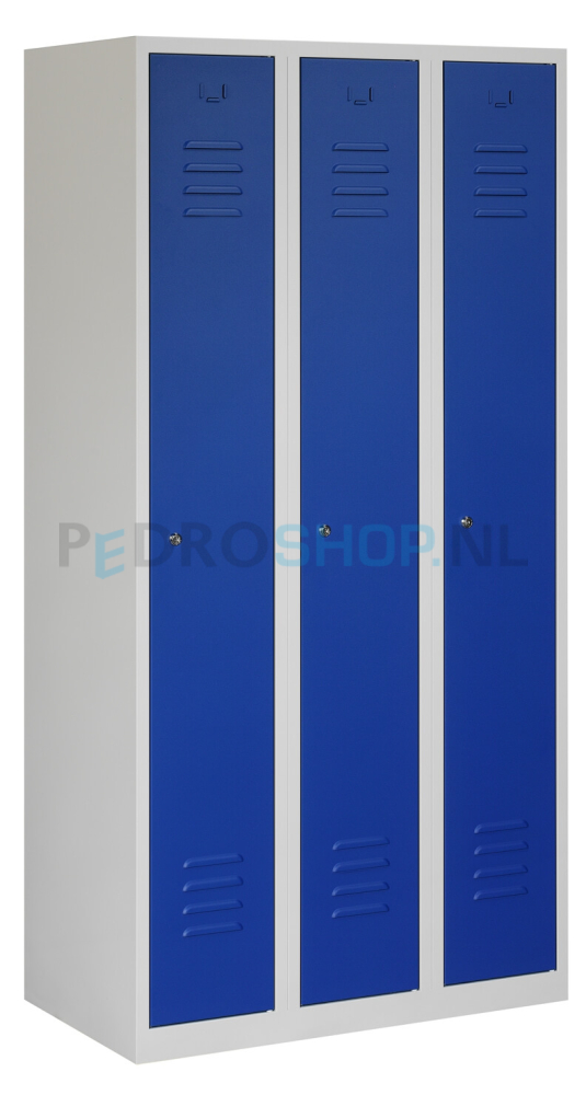 Garderobekast PDC-185, 3-kolom, 3-deurs, 90 cm breed, blauw